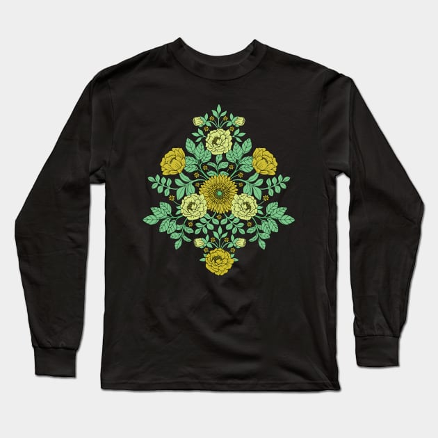 Seafoam Green, Mustard Yellow and Navy Blue Floral Long Sleeve T-Shirt by somecallmebeth